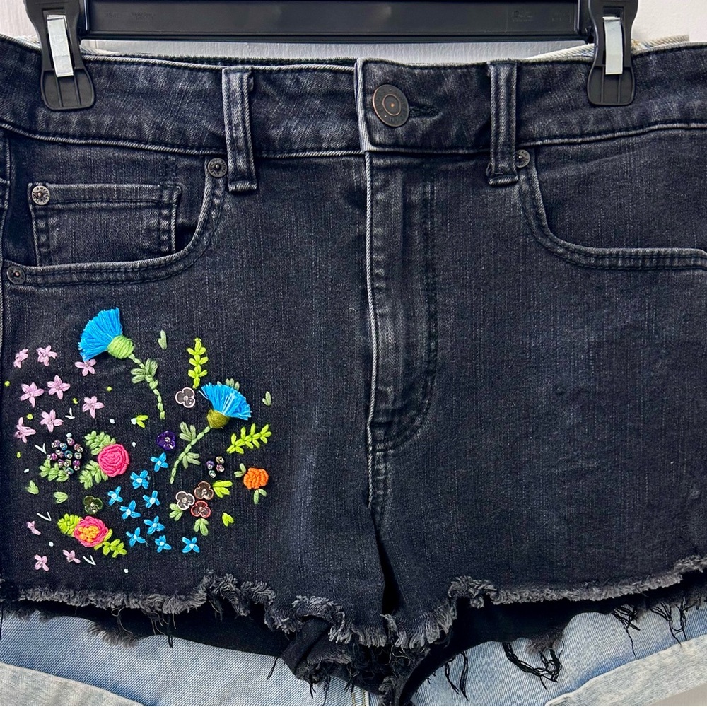 American Eagle Black Jean Shorts with Colorful Embroidery